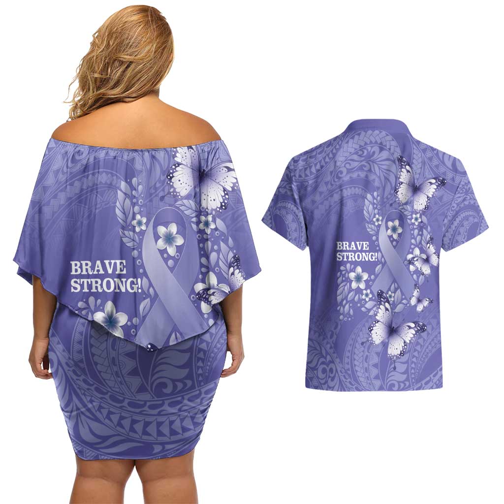 Polynesia Stomach Cancer Awareness Couples Matching Off Shoulder Short Dress and Hawaiian Shirt Periwinkle Ribbon Brave Strong!