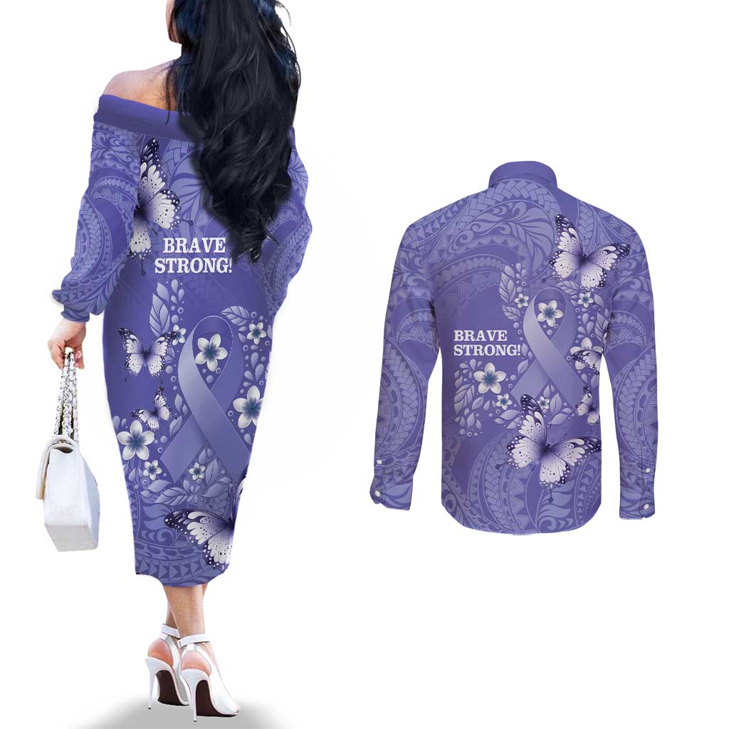 Polynesia Stomach Cancer Awareness Couples Matching Off The Shoulder Long Sleeve Dress and Long Sleeve Button Shirt Periwinkle Ribbon Brave Strong!