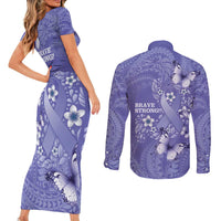 Polynesia Stomach Cancer Awareness Couples Matching Short Sleeve Bodycon Dress and Long Sleeve Button Shirt Periwinkle Ribbon Brave Strong!