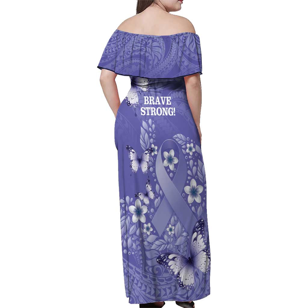 Polynesia Stomach Cancer Awareness Family Matching Off Shoulder Maxi Dress and Hawaiian Shirt Periwinkle Ribbon Brave Strong!