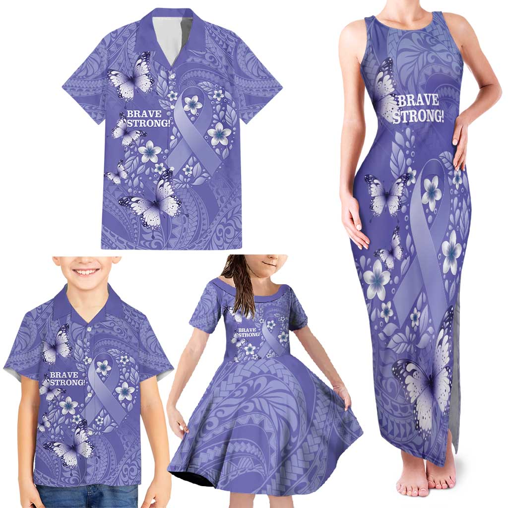 Polynesia Stomach Cancer Awareness Family Matching Tank Maxi Dress and Hawaiian Shirt Periwinkle Ribbon Brave Strong!