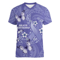 Polynesia Stomach Cancer Awareness Women V-Neck T-Shirt Periwinkle Ribbon Brave Strong! LT14 Female Periwinkle - Polynesian Pride