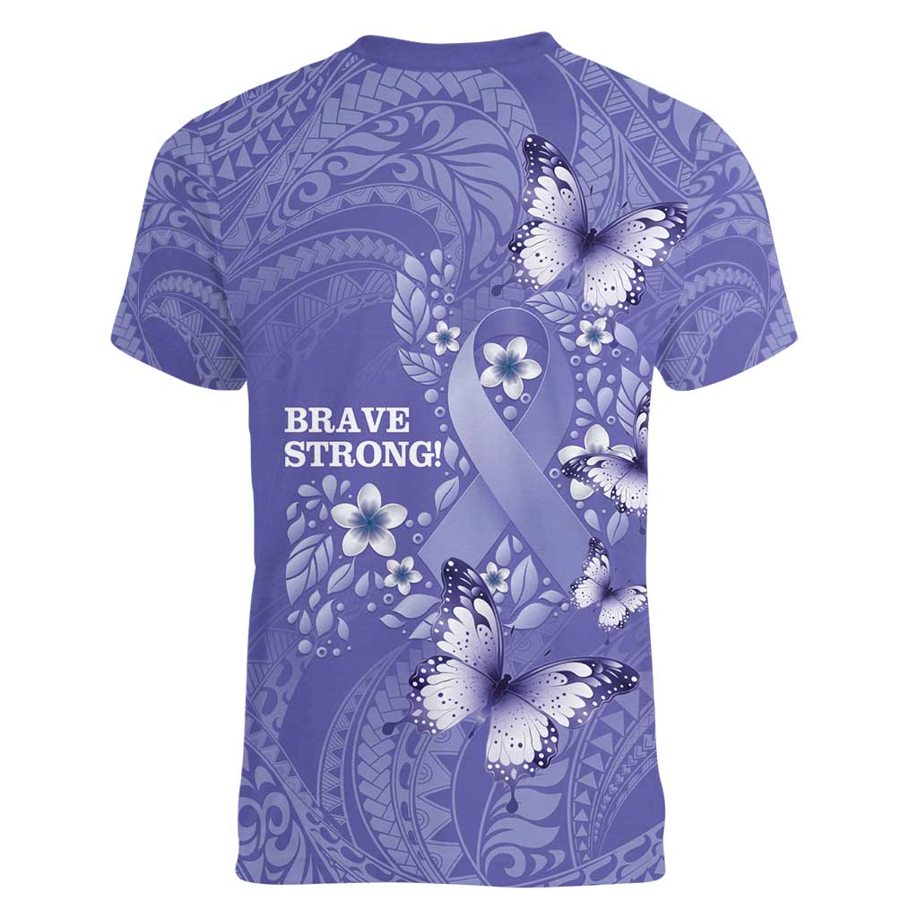 Polynesia Stomach Cancer Awareness Women V-Neck T-Shirt Periwinkle Ribbon Brave Strong! LT14 - Polynesian Pride