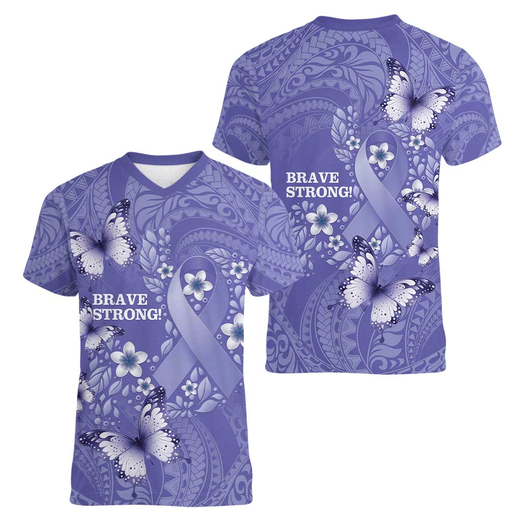 Polynesia Stomach Cancer Awareness Women V-Neck T-Shirt Periwinkle Ribbon Brave Strong! LT14 - Polynesian Pride
