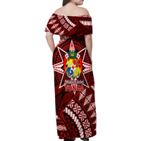 Malo e lelei Tonga Family Matching Off Shoulder Maxi Dress and Hawaiian Shirt Tongan Ngatu Pattern Red Version LT14 - Polynesian Pride