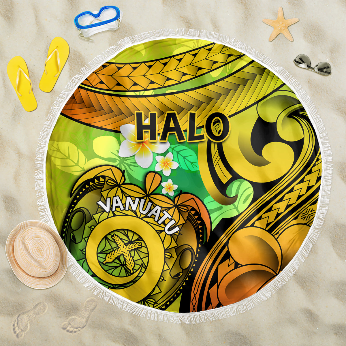 Halo Vanuatu Beach Blanket Sand Drawing Turtle Polynesian Tropical Flowers LT14 One Size 150cm Reggae - Polynesian Pride
