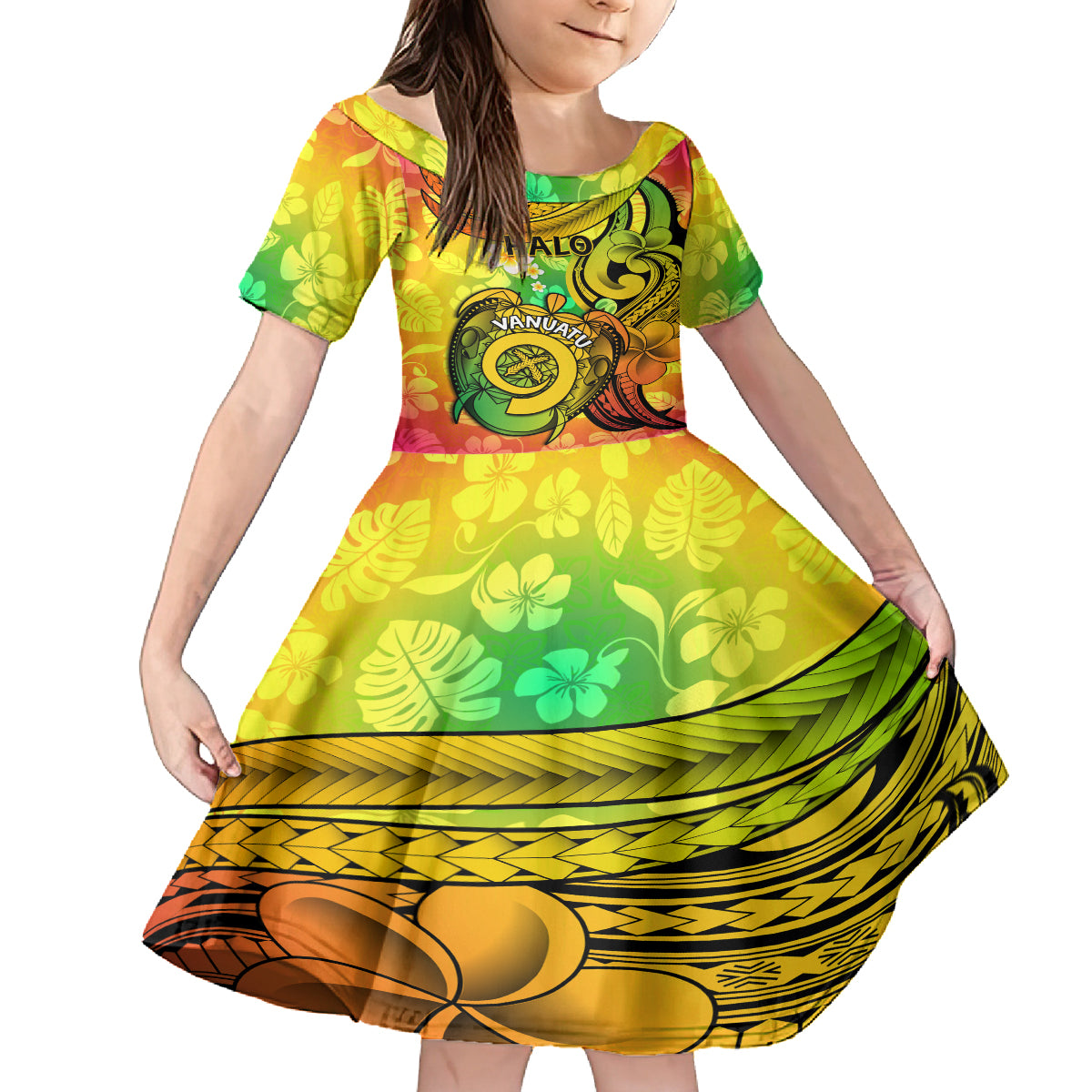 Halo Vanuatu Family Matching Off Shoulder Maxi Dress and Hawaiian Shirt Sand Drawing Turtle Polynesian Tropical Flowers LT14 Daughter's Dress Reggae - Polynesian Pride