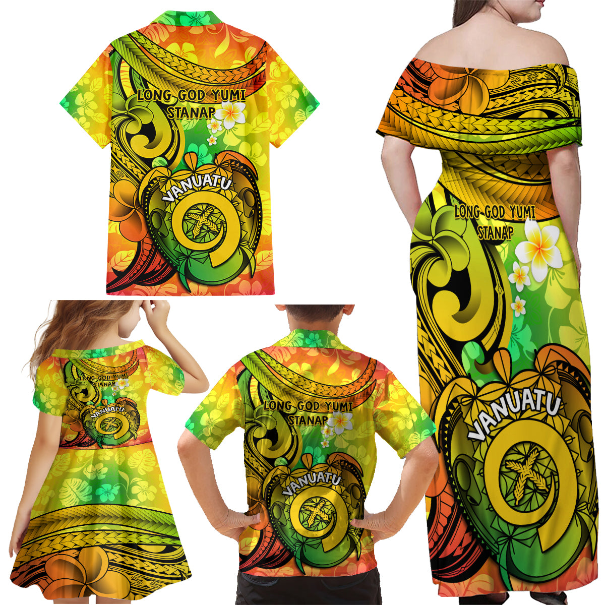 Halo Vanuatu Family Matching Off Shoulder Maxi Dress and Hawaiian Shirt Sand Drawing Turtle Polynesian Tropical Flowers LT14 - Polynesian Pride
