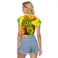 Halo Vanuatu Raglan Cropped T Shirt Sand Drawing Turtle Polynesian Tropical Flowers LT14 - Polynesian Pride