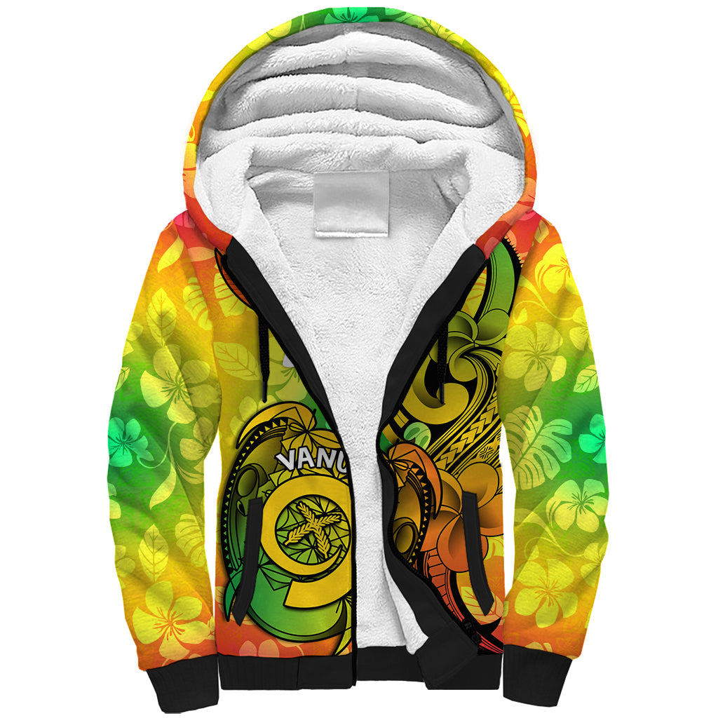 Halo Vanuatu Sherpa Hoodie Sand Drawing Turtle Polynesian Tropical Flowers LT14 Unisex Reggae - Polynesian Pride