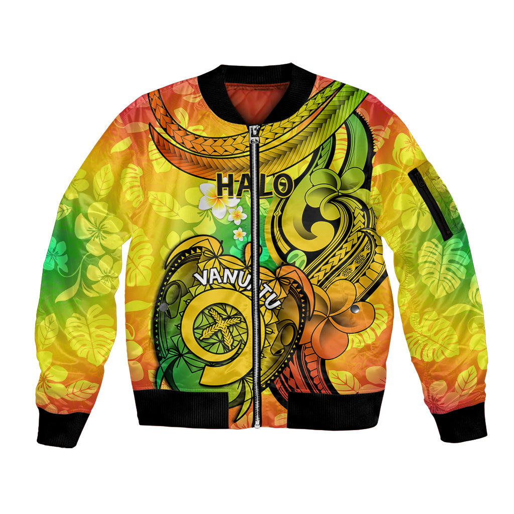 Halo Vanuatu Sleeve Zip Bomber Jacket Sand Drawing Turtle Polynesian Tropical Flowers LT14 Unisex Reggae - Polynesian Pride