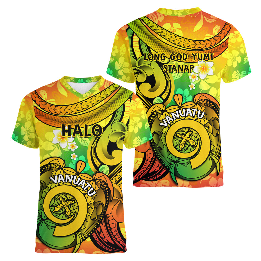 Halo Vanuatu Women V Neck T Shirt Sand Drawing Turtle Polynesian Tropical Flowers LT14 - Polynesian Pride