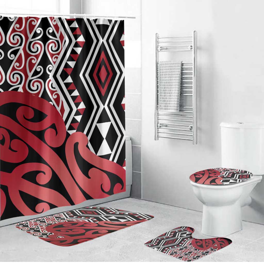 New Zealand Bathroom Set Aotearoa Kowhaiwhai Mix Taniko Art - Red - Polynesian Pride