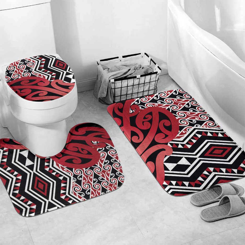 New Zealand Bathroom Set Aotearoa Kowhaiwhai Mix Taniko Art - Red - Polynesian Pride