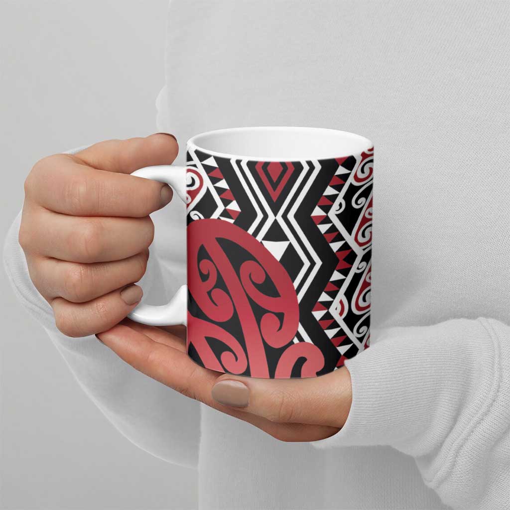 New Zealand Ceramic Mug Aotearoa Kowhaiwhai Mix Taniko Art - Red - Polynesian Pride