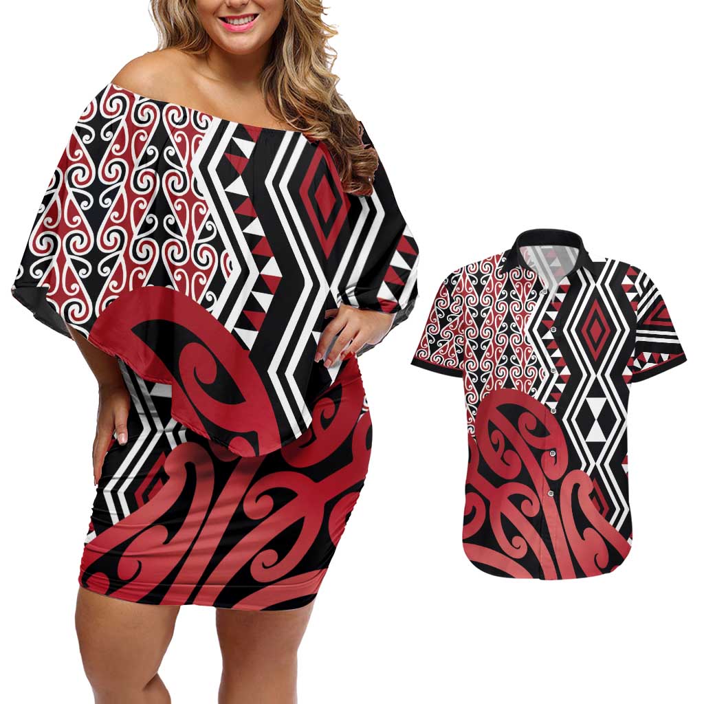 New Zealand Couples Matching Off Shoulder Short Dress and Hawaiian Shirt Aotearoa Kowhaiwhai Mix Taniko Art - Red