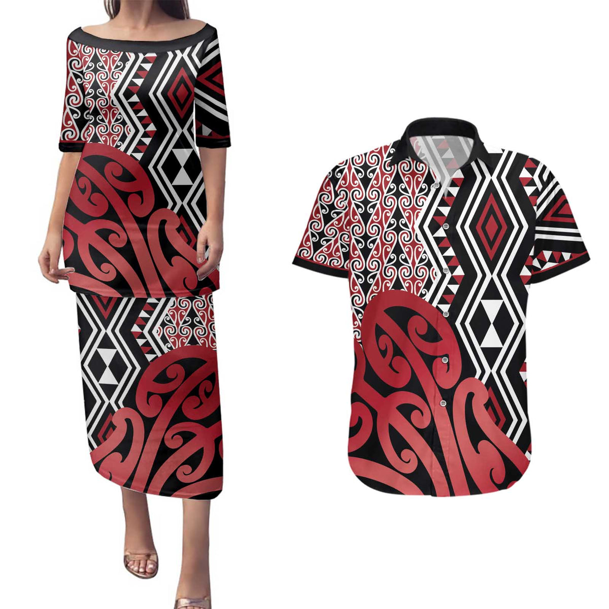 New Zealand Couples Matching Puletasi and Hawaiian Shirt Aotearoa Kowhaiwhai Mix Taniko Art - Red