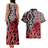 New Zealand Couples Matching Tank Maxi Dress and Hawaiian Shirt Aotearoa Kowhaiwhai Mix Taniko Art - Red