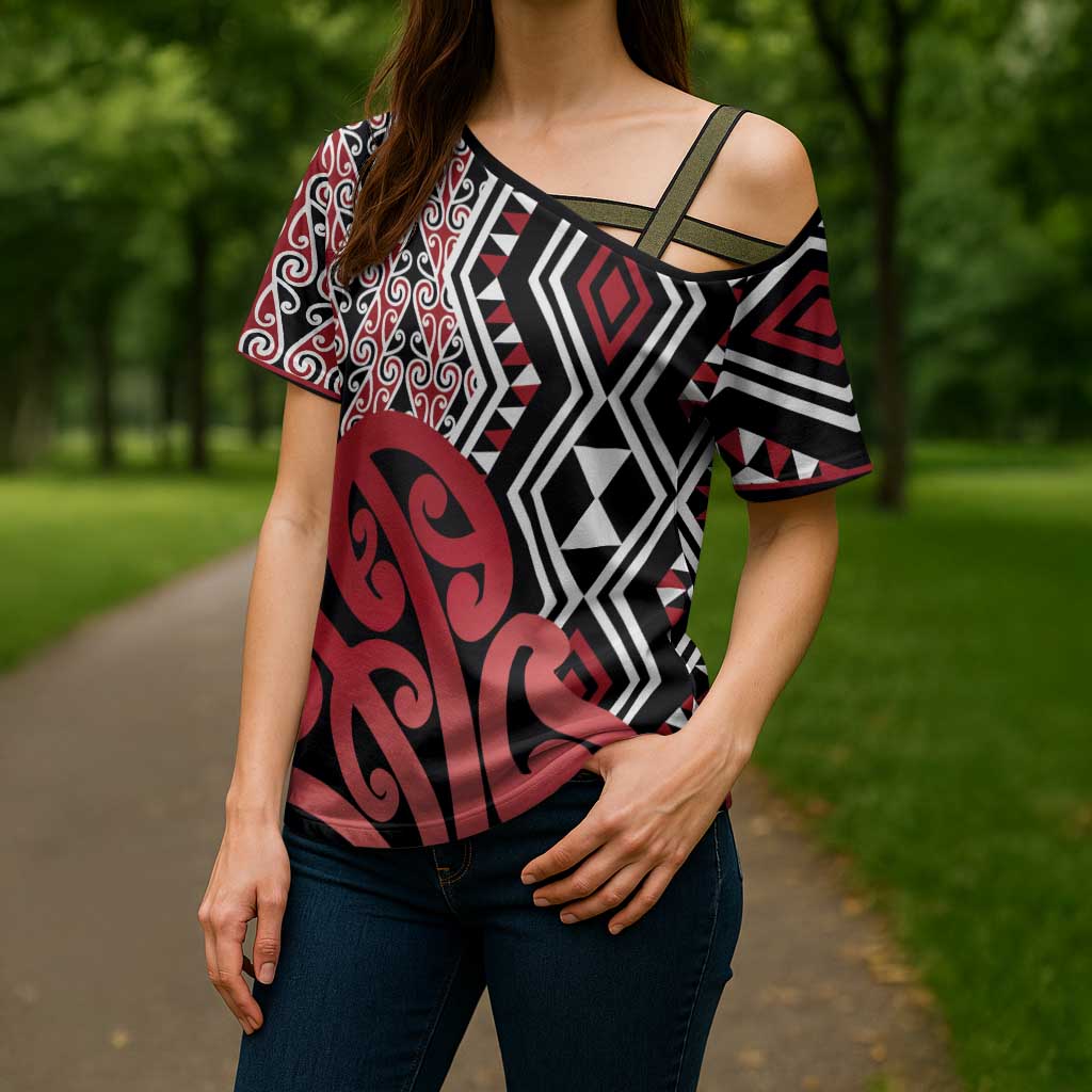 New Zealand Cross Shoulder Shirt Aotearoa Kowhaiwhai Mix Taniko Art - Red - Polynesian Pride