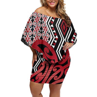 New Zealand Family Matching Off Shoulder Short Dress and Hawaiian Shirt Aotearoa Kowhaiwhai Mix Taniko Art - Red