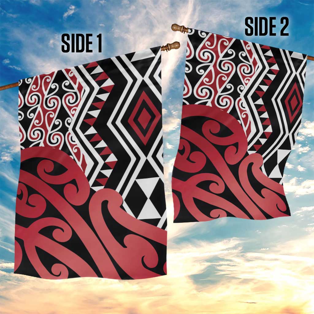New Zealand Garden Flag Aotearoa Kowhaiwhai Mix Taniko Art - Red