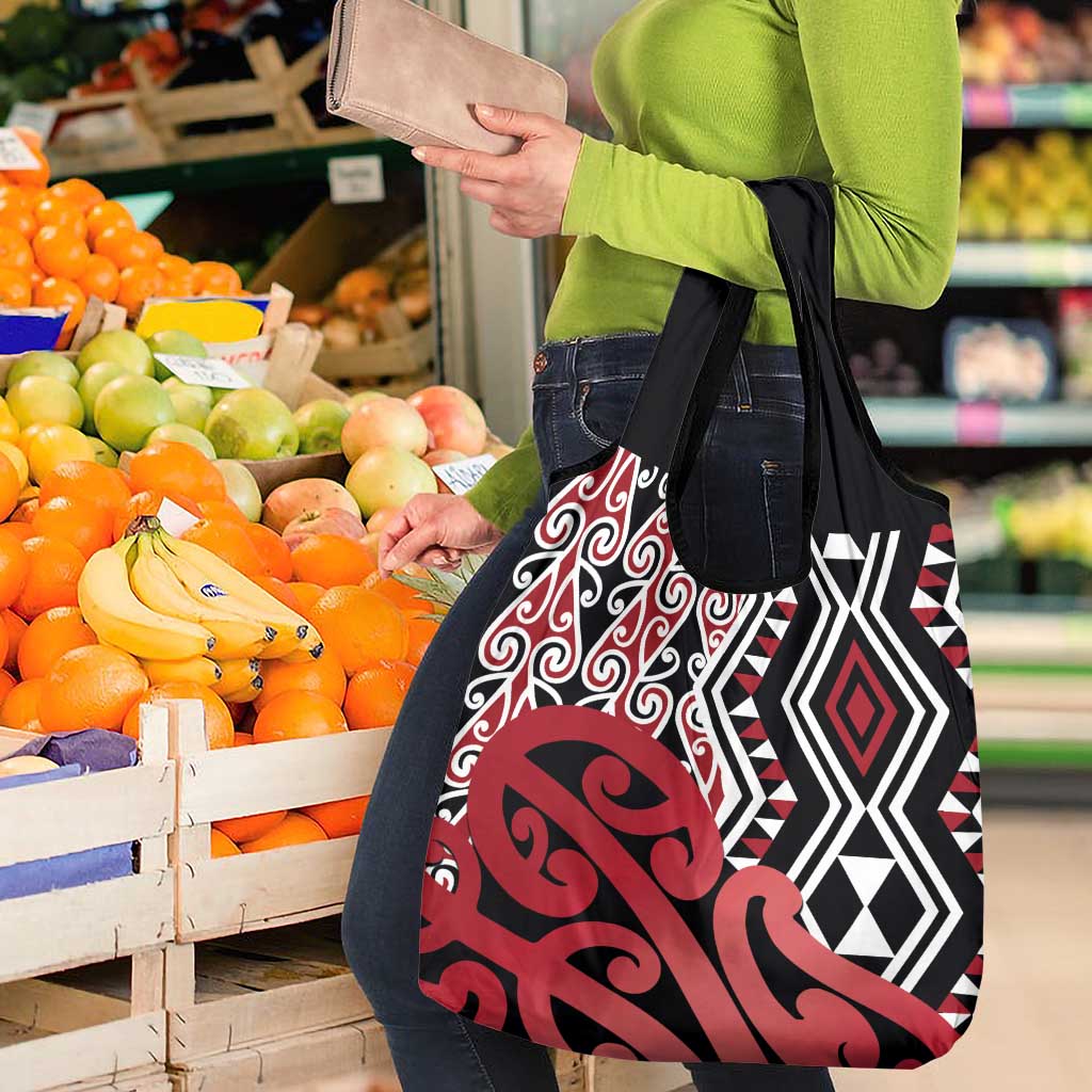 New Zealand Grocery Bag Aotearoa Kowhaiwhai Mix Taniko Art - Red