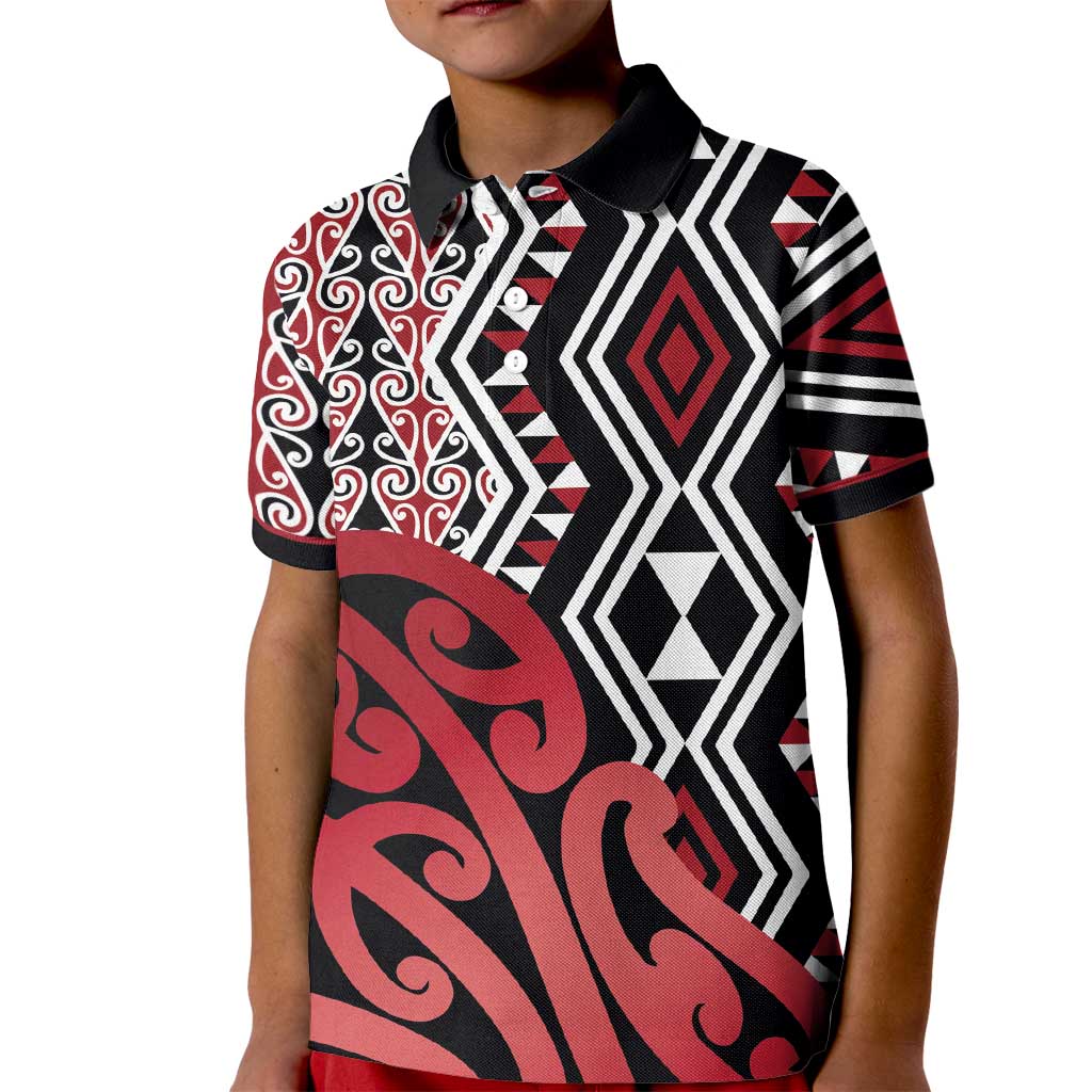New Zealand Kid Polo Shirt Aotearoa Kowhaiwhai Mix Taniko Art - Red