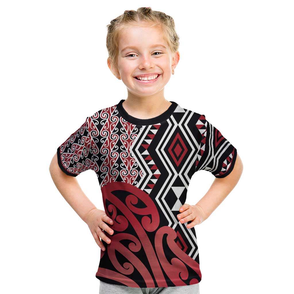 New Zealand Kid T Shirt Aotearoa Kowhaiwhai Mix Taniko Art - Red