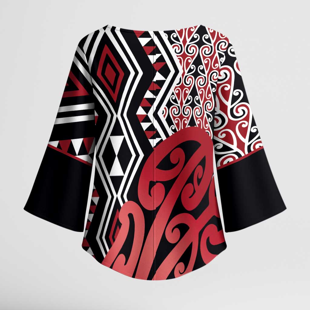 New Zealand Kimono Sleeve Blouse Aotearoa Kowhaiwhai Mix Taniko Art - Red - Polynesian Pride