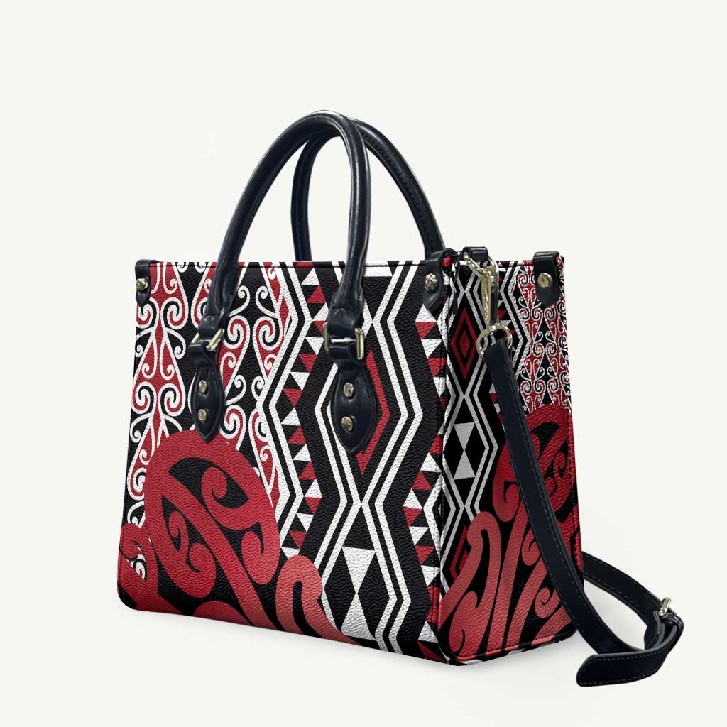 New Zealand Leather Bag Aotearoa Kowhaiwhai Mix Taniko Art - Red - Polynesian Pride