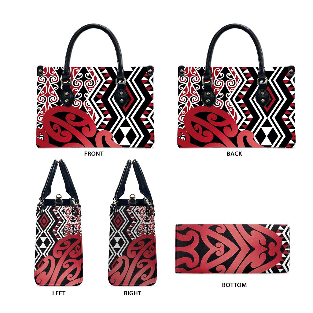 New Zealand Leather Bag Aotearoa Kowhaiwhai Mix Taniko Art - Red - Polynesian Pride