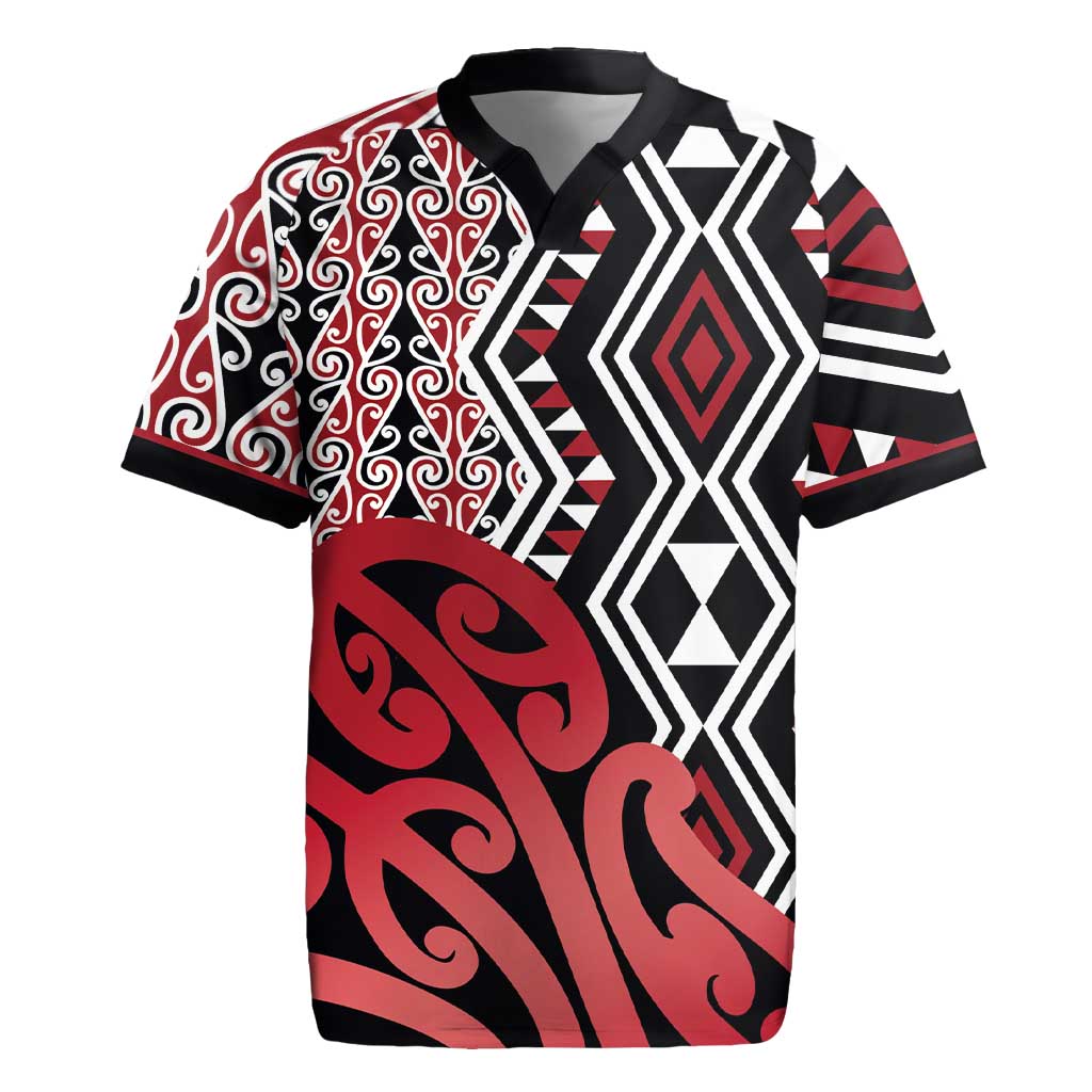 New Zealand Rugby Jersey Aotearoa Kowhaiwhai Mix Taniko Art - Red
