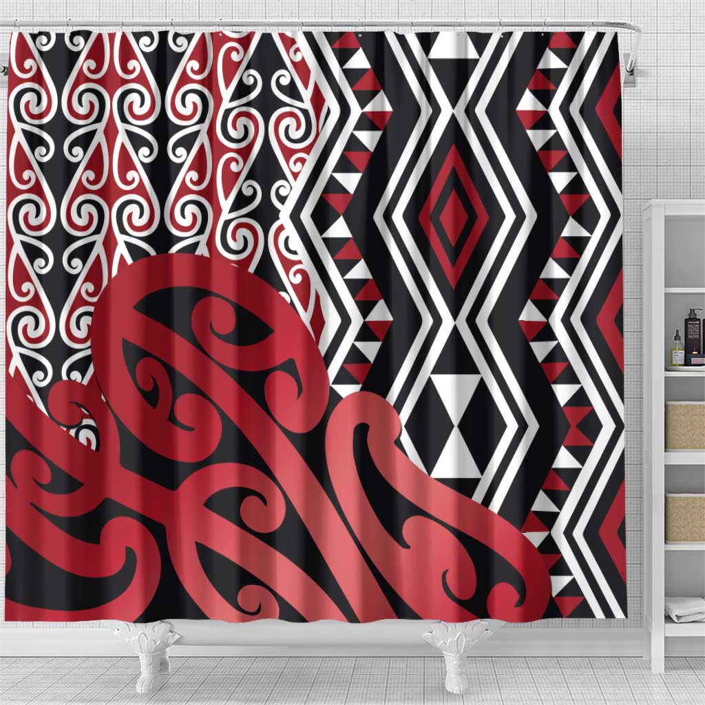 New Zealand Shower Curtain Aotearoa Kowhaiwhai Mix Taniko Art - Red