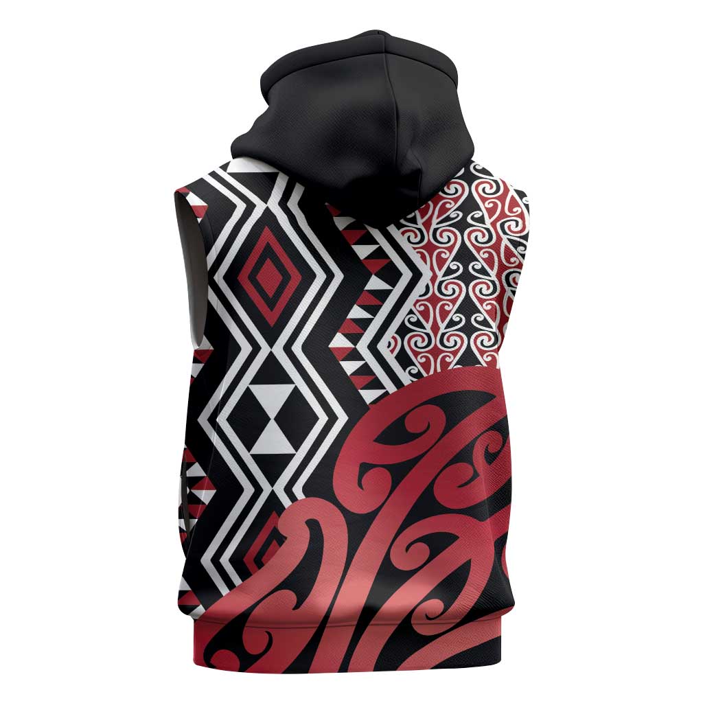 New Zealand Sleeveless Hoodie Aotearoa Kowhaiwhai Mix Taniko Art - Red - Polynesian Pride