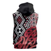 New Zealand Sleeveless Hoodie Aotearoa Kowhaiwhai Mix Taniko Art - Red - Polynesian Pride
