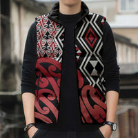 New Zealand Sleeveless Puffer Jacket Aotearoa Kowhaiwhai Mix Taniko Art - Red - Polynesian Pride