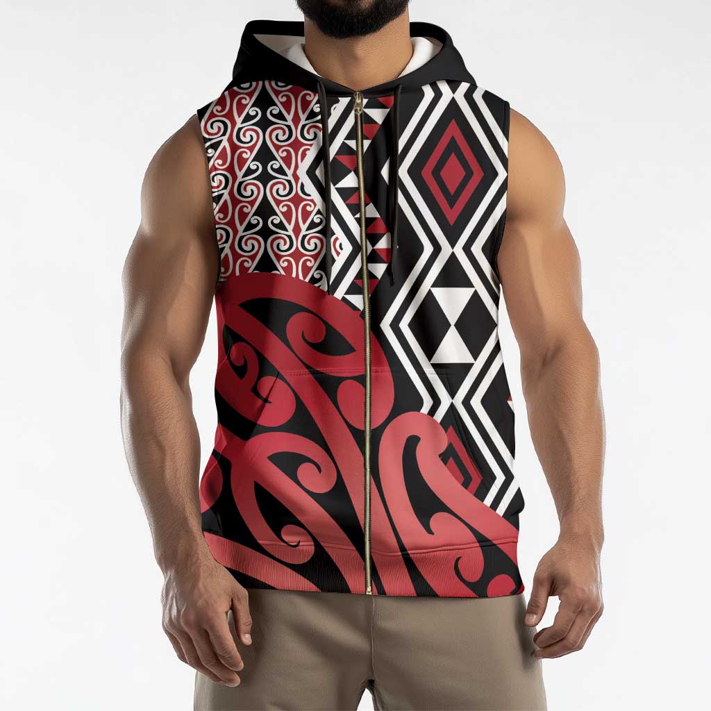 New Zealand Sleeveless Zip Hoodie Aotearoa Kowhaiwhai Mix Taniko Art - Red - Polynesian Pride