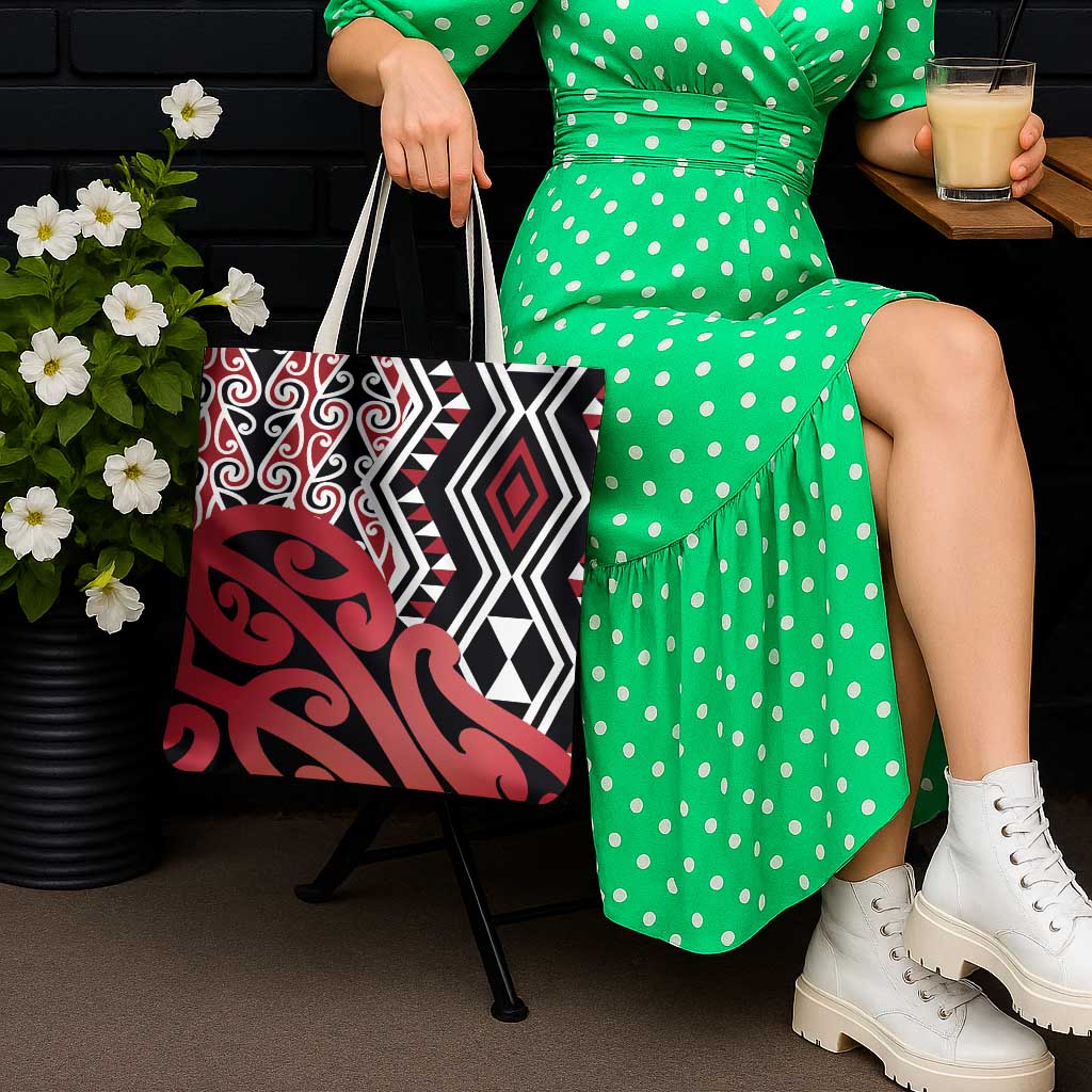 New Zealand Tote Bag Aotearoa Kowhaiwhai Mix Taniko Art - Red - Polynesian Pride
