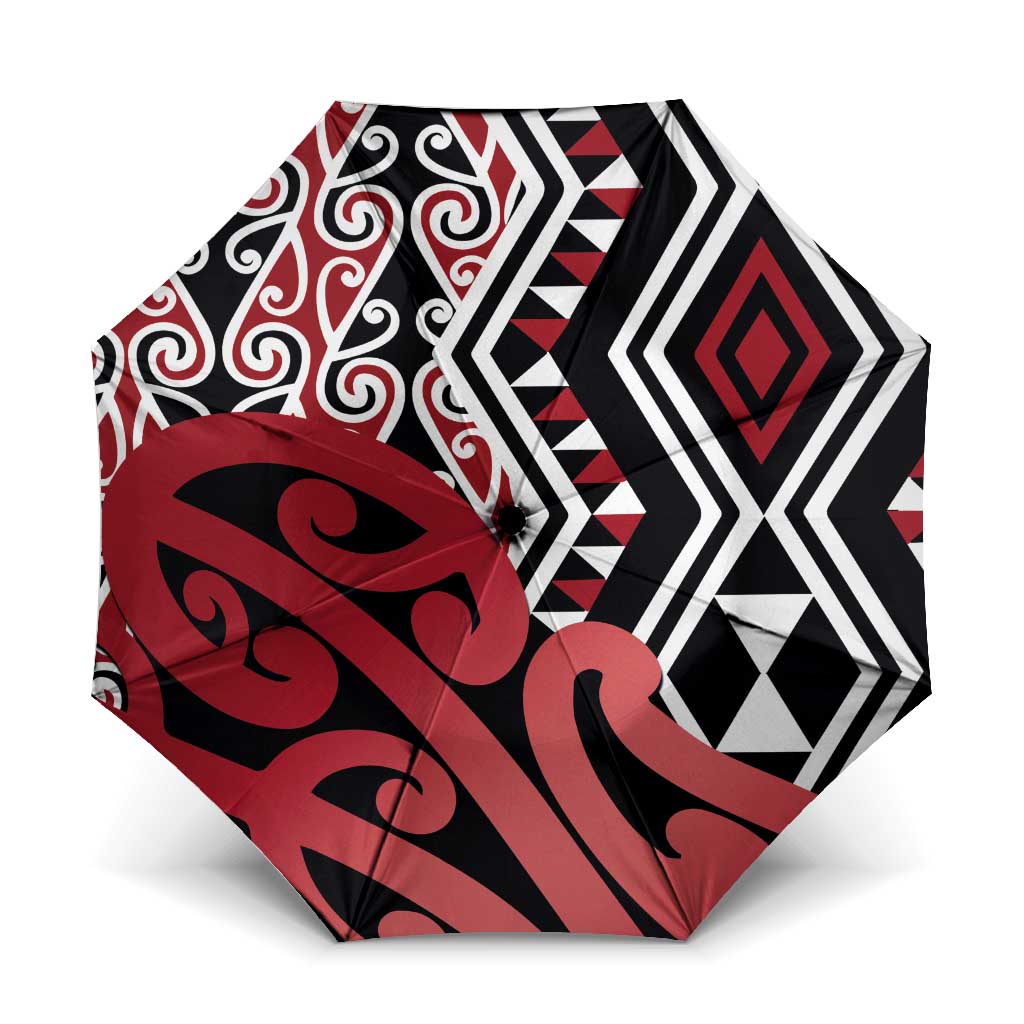 New Zealand Umbrella Aotearoa Kowhaiwhai Mix Taniko Art - Red - Polynesian Pride