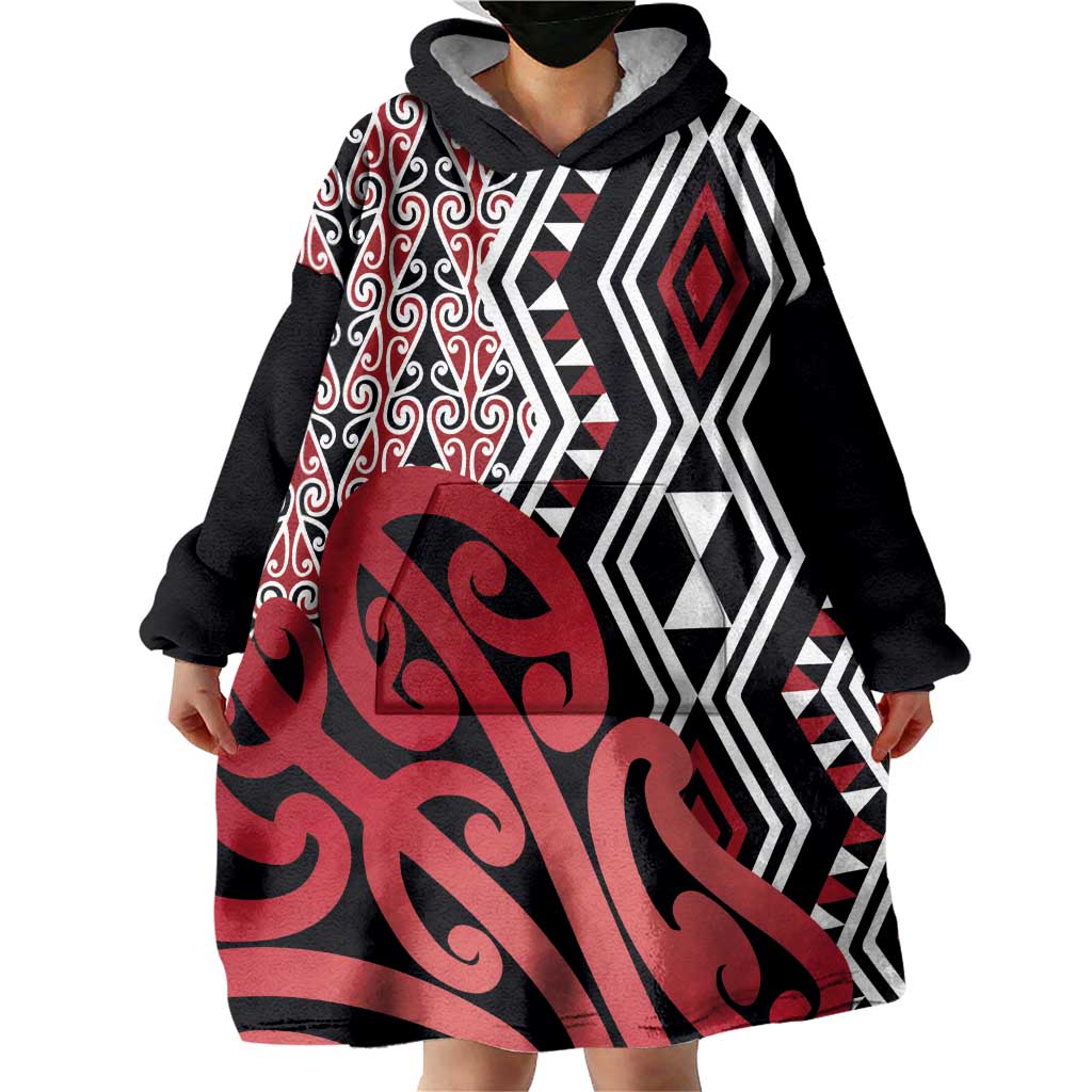 New Zealand Wearable Blanket Hoodie Aotearoa Kowhaiwhai Mix Taniko Art - Red