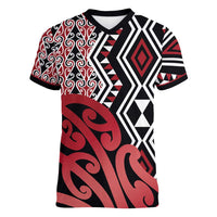 New Zealand Women V-Neck T-Shirt Aotearoa Kowhaiwhai Mix Taniko Art - Red
