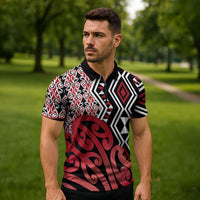 New Zealand Zipper Polo Shirt Aotearoa Kowhaiwhai Mix Taniko Art - Red - Polynesian Pride