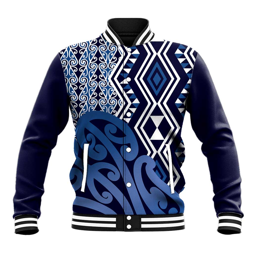 New Zealand Baseball Jacket Aotearoa Kowhaiwhai Mix Taniko Art - Blue LT14 Unisex Blue - Polynesian Pride