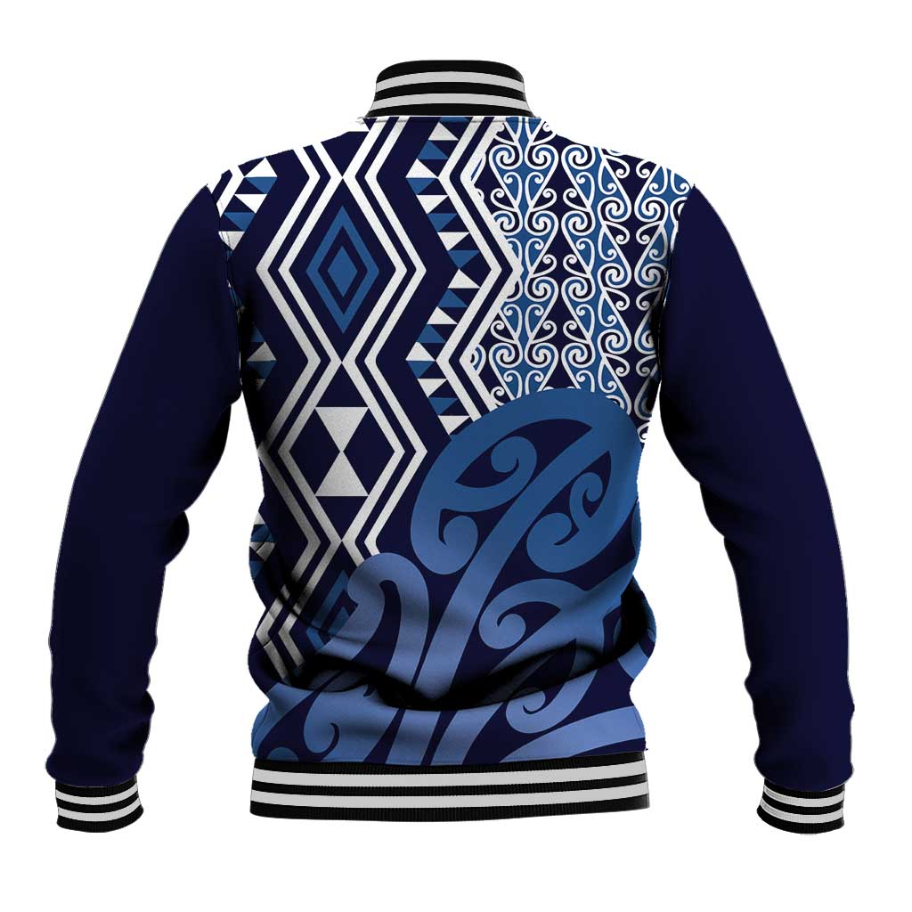 New Zealand Baseball Jacket Aotearoa Kowhaiwhai Mix Taniko Art - Blue LT14 - Polynesian Pride
