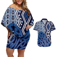 New Zealand Couples Matching Off Shoulder Short Dress and Hawaiian Shirt Aotearoa Kowhaiwhai Mix Taniko Art - Blue