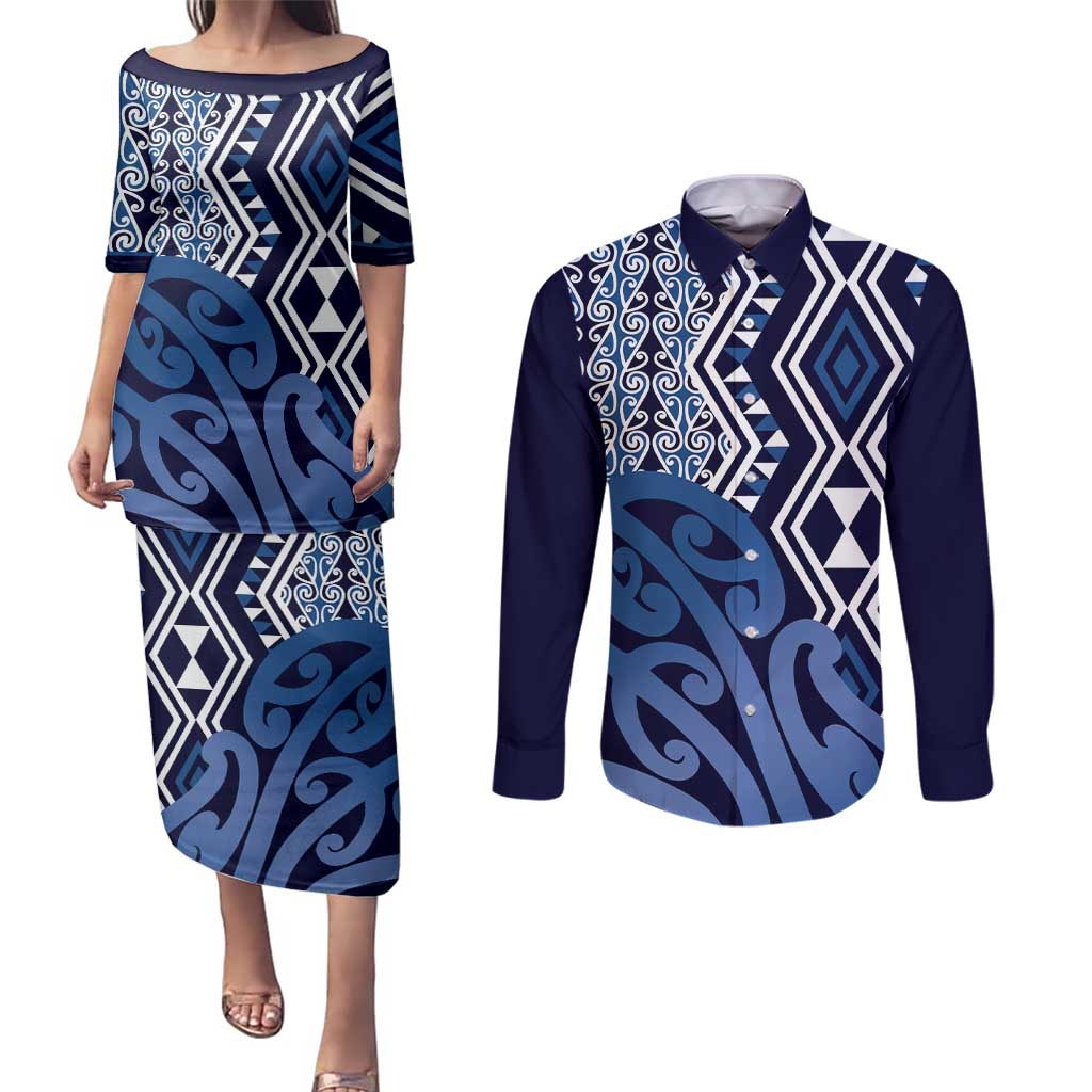 New Zealand Couples Matching Puletasi and Long Sleeve Button Shirt Aotearoa Kowhaiwhai Mix Taniko Art - Blue