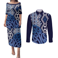 New Zealand Couples Matching Puletasi and Long Sleeve Button Shirt Aotearoa Kowhaiwhai Mix Taniko Art - Blue