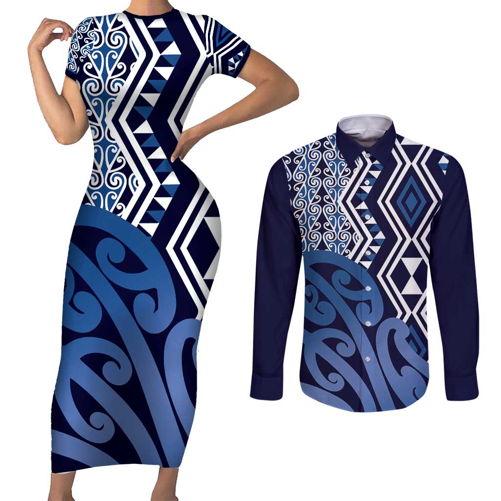 New Zealand Couples Matching Short Sleeve Bodycon Dress and Long Sleeve Button Shirt Aotearoa Kowhaiwhai Mix Taniko Art - Blue LT14 Blue - Polynesian Pride