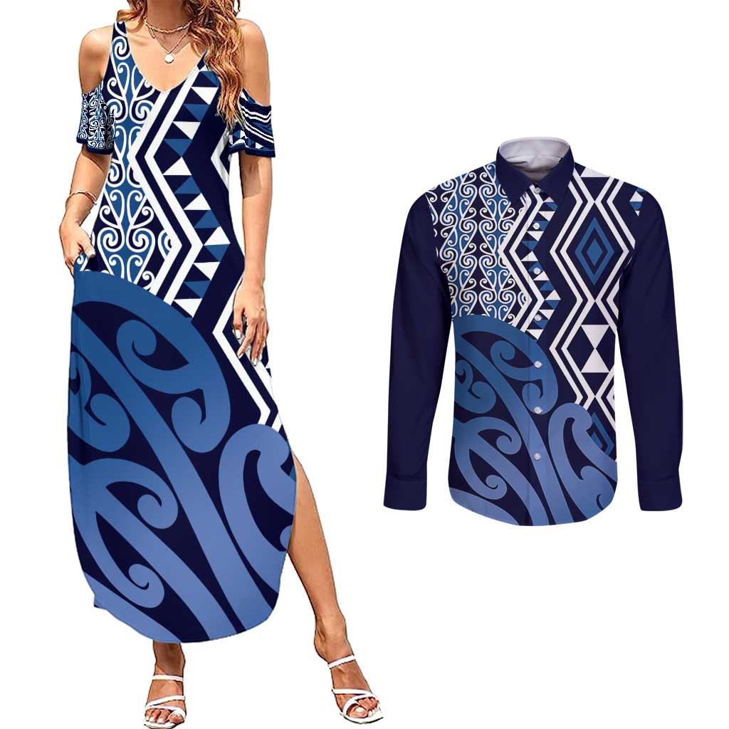 New Zealand Couples Matching Summer Maxi Dress and Long Sleeve Button Shirt Aotearoa Kowhaiwhai Mix Taniko Art - Blue