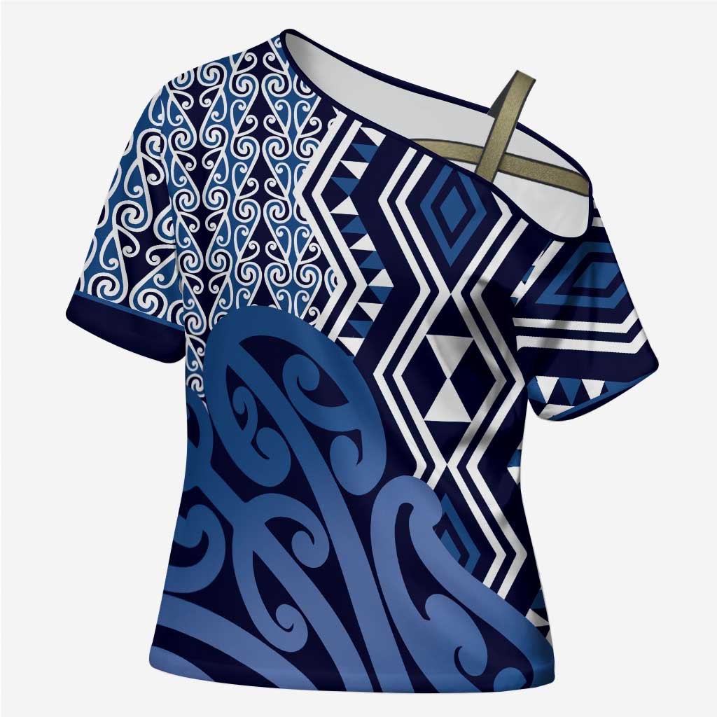 New Zealand Cross Shoulder Shirt Aotearoa Kowhaiwhai Mix Taniko Art - Blue - Polynesian Pride
